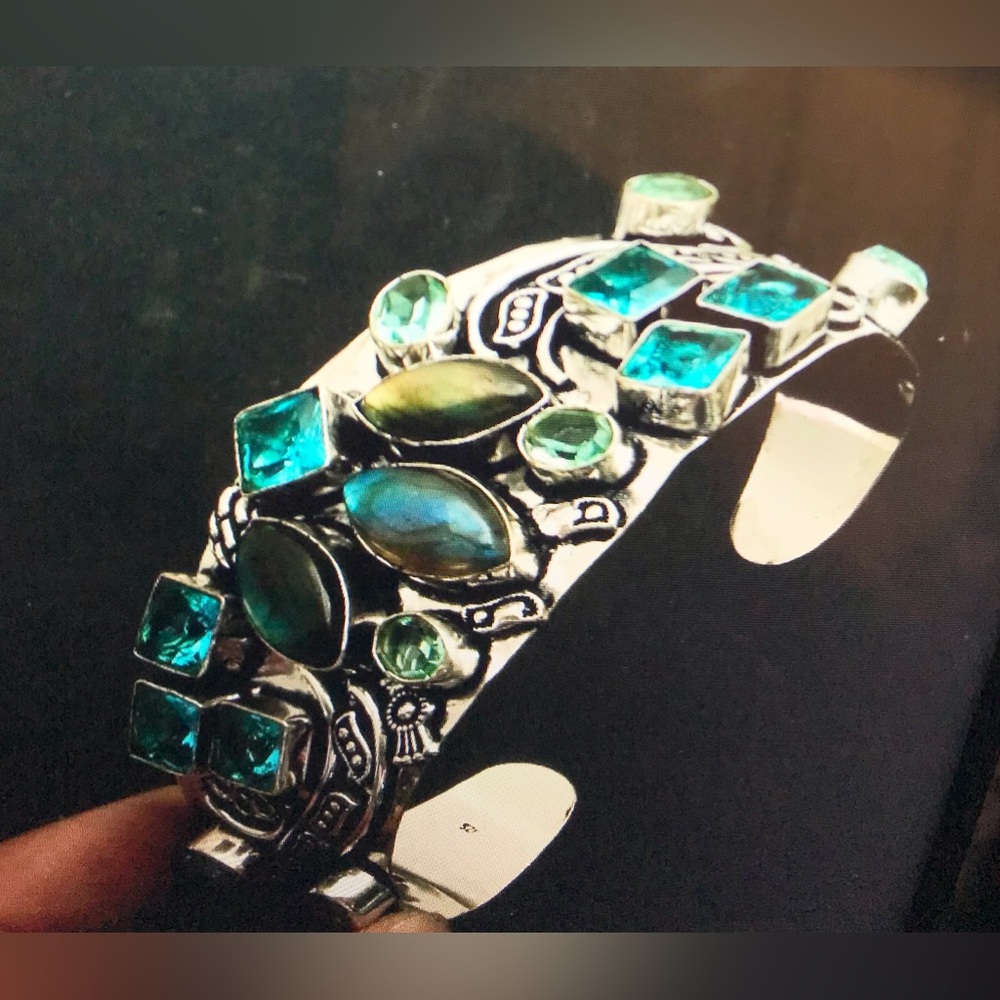 Labradorite Blue Topaz Stamped Solid 925 Sterling Silver Cuff Bracelet